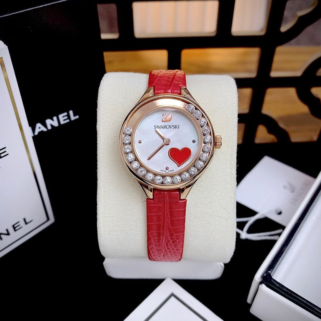 Shop Authentic Swarovski Lovely Crystals Analog White Dial Red Leather Strap Watch for Women - 5297584 - Luxxuri
