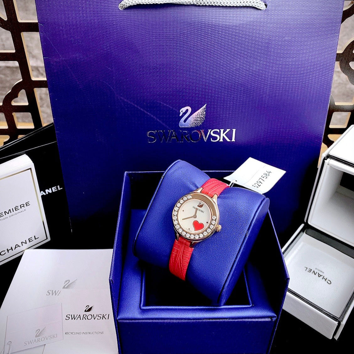  Shop Authentic Swarovski Lovely Crystals Analog White Dial Red Leather Strap Watch for Women - 5297584 - Luxxuri