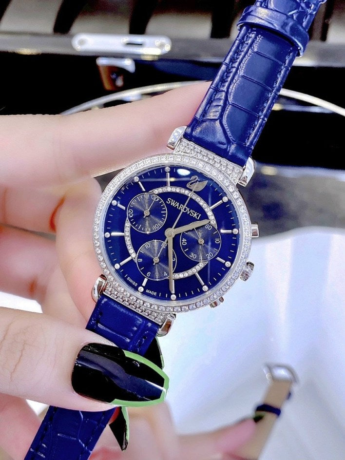  Shop Authentic Swarovski Passage Chrono Crystal Blue Dial Blue Leather Strap Watch for Women - 5580342 - Luxxuri