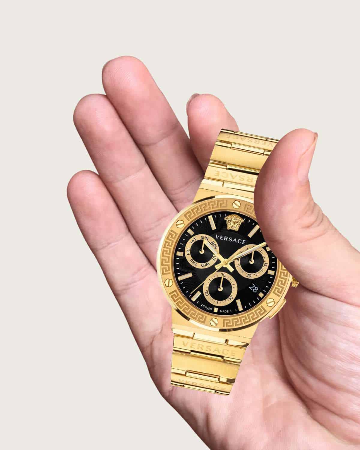  Shop Authentic Versace Greca Chronograph Black Dial Gold Steel Strap Watch For Men - VEZ900421 - Luxxuri