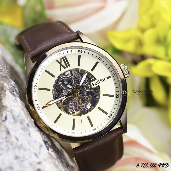  Shop Authentic Fossil Flynn Mechanical Skeleton Beige Dial Brown Leather Strap Watch for Men - BQ2215 - Luxxuri