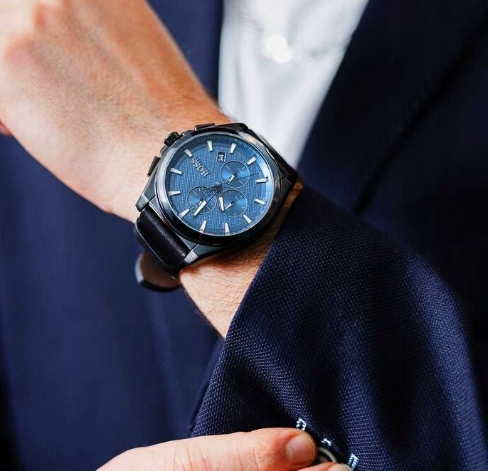  Shop Authentic Hugo Boss Grandmaster Blue Dial Black Leather Strap Watch for Men - 1513883 - Luxxuri