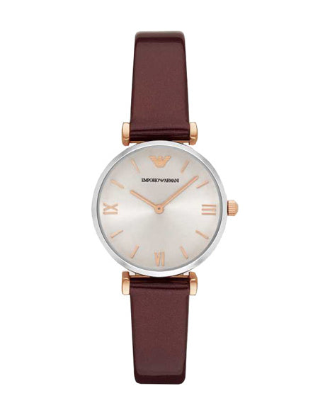  Shop Authentic Emporio Armani Gianni T-Bar Quartz Silver Dial Brown Leather Strap Watch For Women - AR11061 - Luxxuri