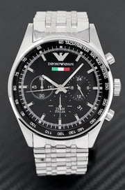  Shop Authentic Emporio Armani Sportivo Chronograph Black Dial Silver Steel Strap Watch For Men - AR5984 - Luxxuri
