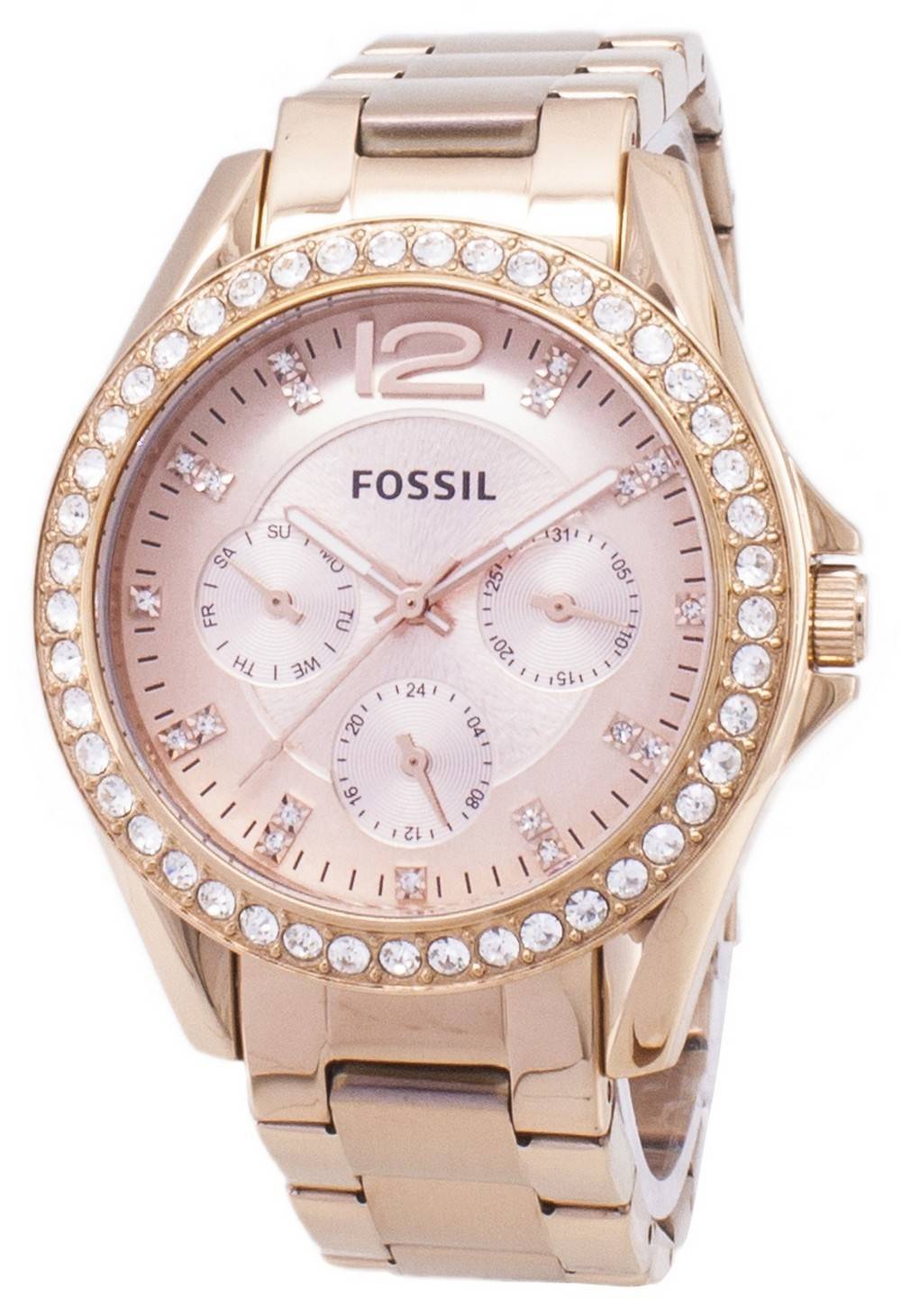 Shop Authentic Fossil Riley Multifunction Rose Gold Dial Rose Gold Steel Strap Watch for Women - ES2811 - Luxxuri