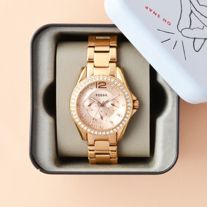  Shop Authentic Fossil Riley Multifunction Rose Gold Dial Rose Gold Steel Strap Watch for Women - ES2811 - Luxxuri