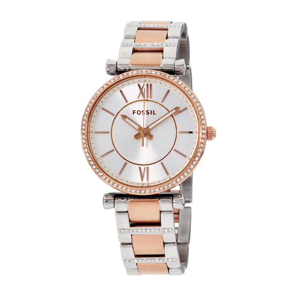  Shop Authentic Fossil Carlie Silver Dial Two Tone Steel Strap Watch for Women - ES4342 - Luxxuri