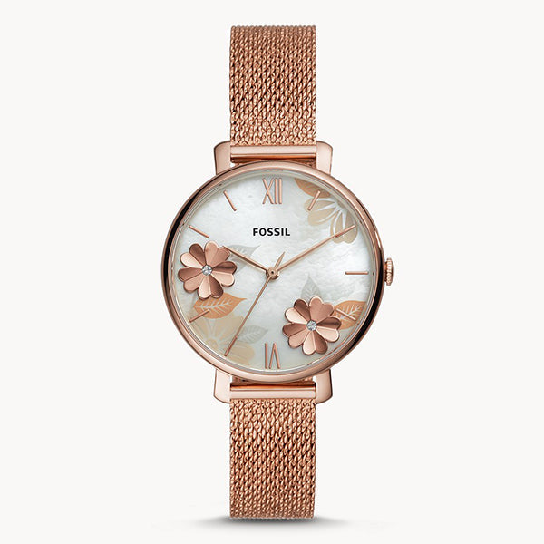  Shop Authentic Fossil Jacqueline Three-Hand White Dial Rose Gold Mesh Bracelet Watch for Women - ES4534 - Luxxuri