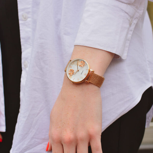  Shop Authentic Fossil Jacqueline Three-Hand White Dial Rose Gold Mesh Bracelet Watch for Women - ES4534 - Luxxuri