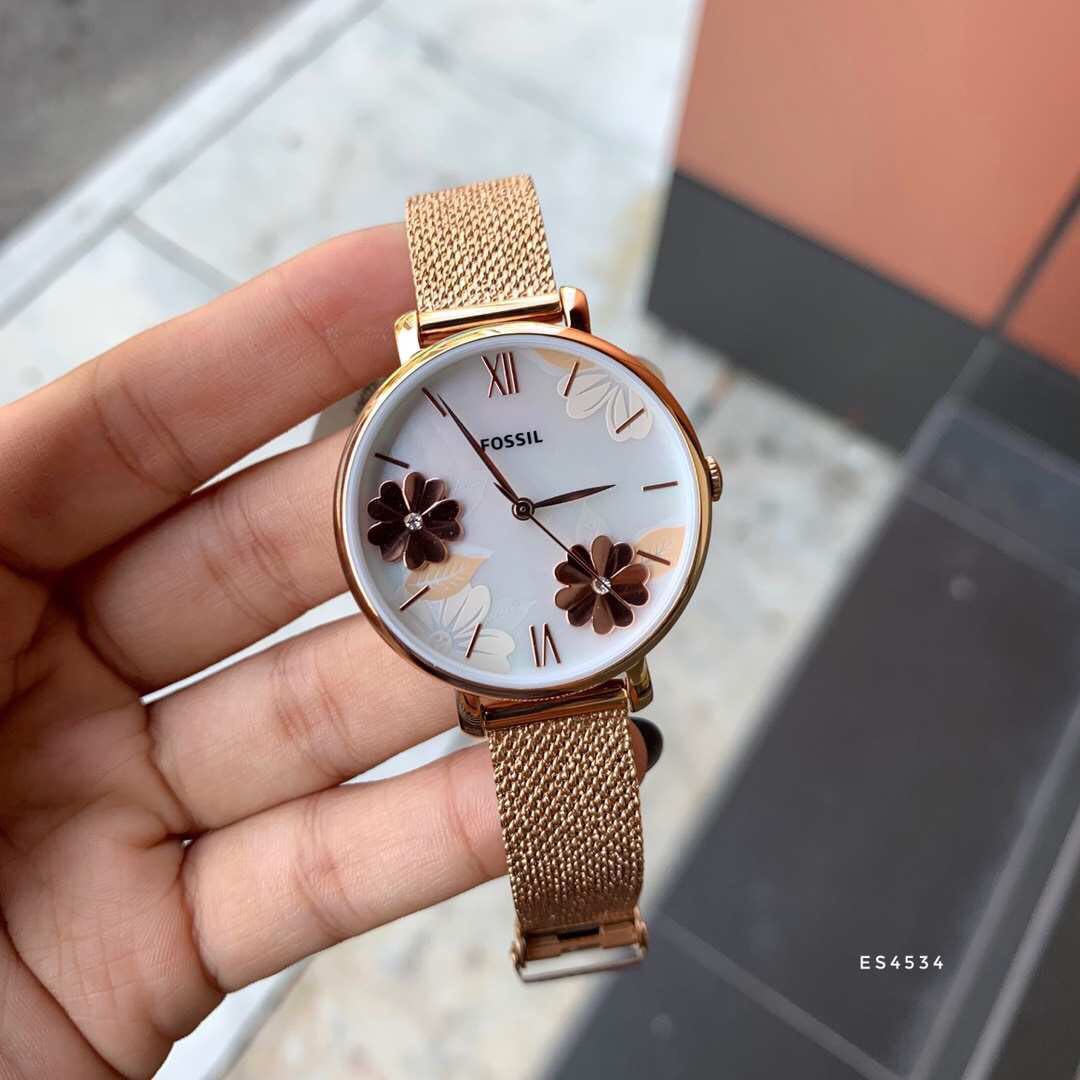 Shop Authentic Fossil Jacqueline Three-Hand White Dial Rose Gold Mesh Bracelet Watch for Women - ES4534 - Luxxuri