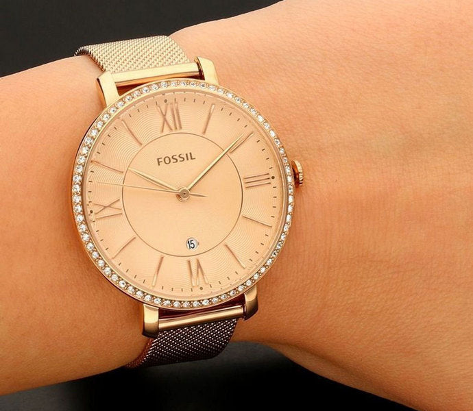  Shop Authentic Fossil Jacqueline Quartz Rose Gold Dial Rose Gold Mesh Strap Watch for Women - ES4628 - Luxxuri