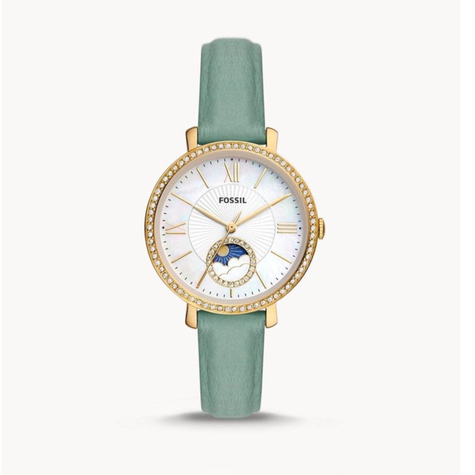  Shop Authentic Fossil Jacqueline Analog Moonphase Mother of Pearl White Dial Green Leather Strap Watch for Women - ES5168 - Luxxuri