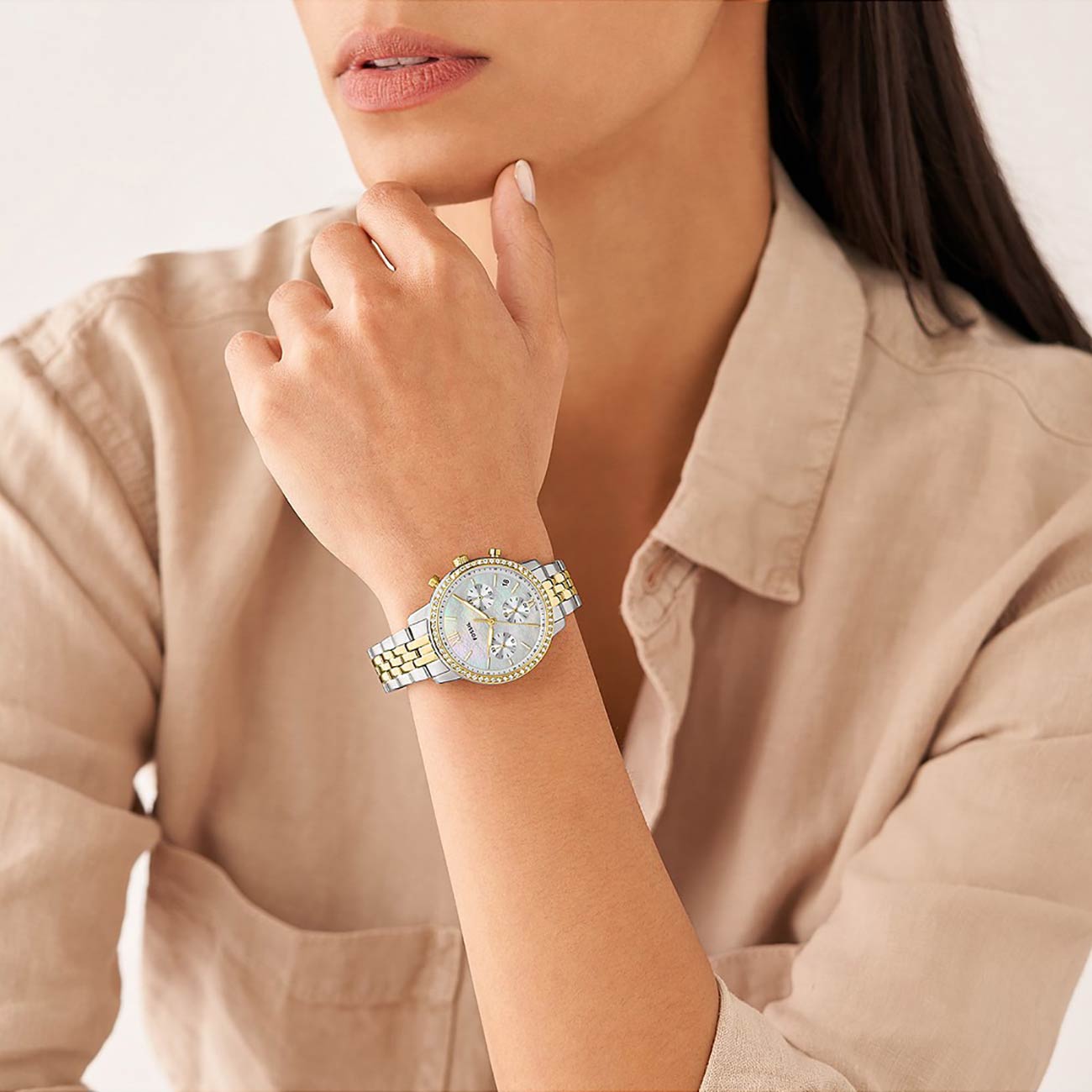  Shop Authentic Fossil Neutra Chronograph Mother of Pearl White Dial Two Tone Steel Strap Watch for Women - ES5216 - Luxxuri