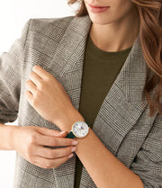  Shop Authentic Fossil Jacqueline Multifunction Moonphase Mother of Pearl White Dial Green Leather Strap Watch for Women - ES5244 - Luxxuri