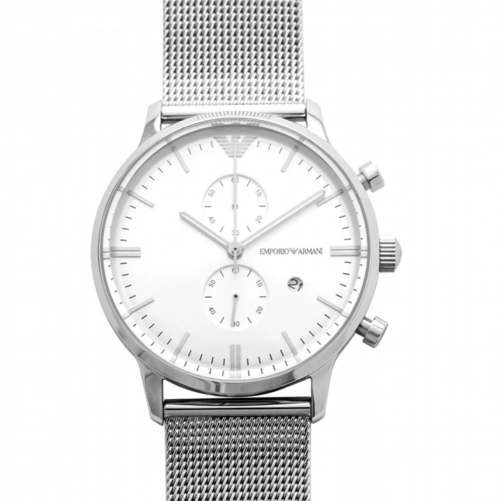  Shop Authentic Emporio Armani Classic Chronograph Quartz Silver Dial Silver Mesh Bracelet Watch For Men - AR0390 - Luxxuri
