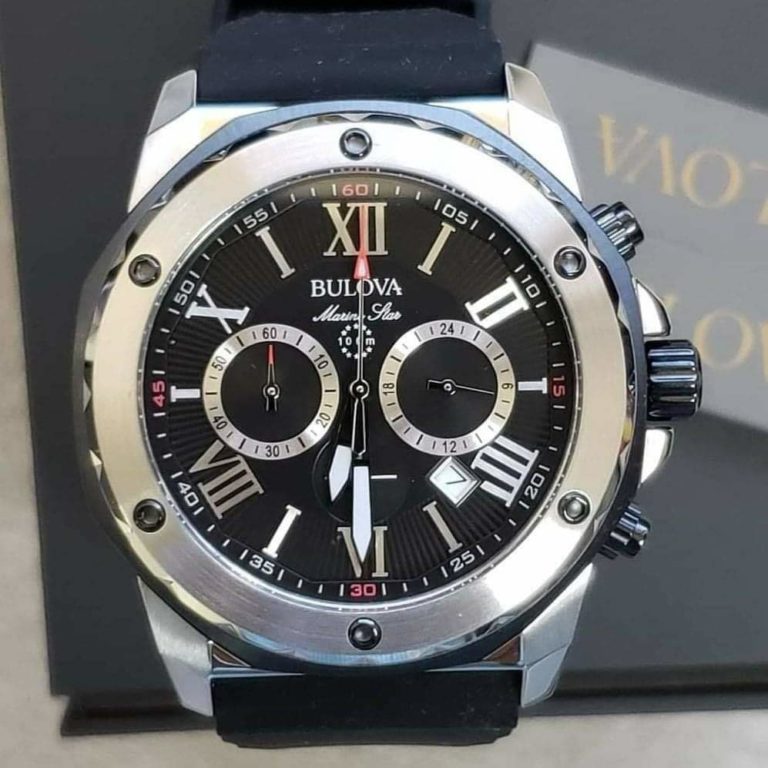  Shop Authentic Bulova Marine Star Chronograph Black Dial Black Rubber Strap Watch for Men - 98B127 - Luxxuri