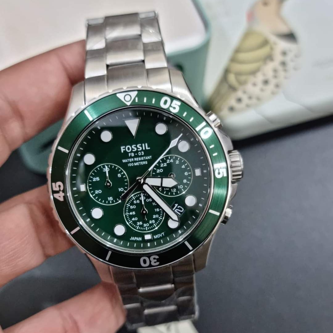  Shop Authentic Fossil FB-03 Chronograph Green Dial Silver Steel Strap Watch for Men - FS5726 - Luxxuri