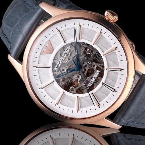  Shop Authentic Emporio Armani Meccanico Automatic White Dial Blue Leather Strap Watch For Men - AR1947 - Luxxuri