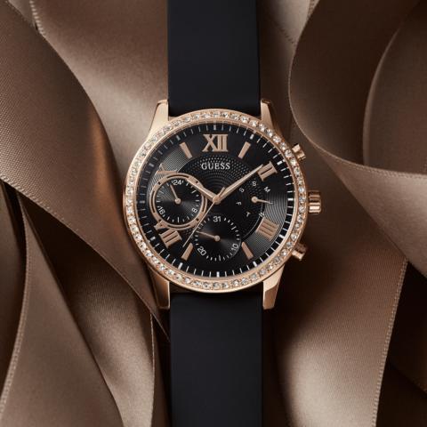  Shop Authentic Guess Solar 40mm Black & Rose Gold Dial Black Rubber Strap Watch For Women - W1135L4 - Luxxuri