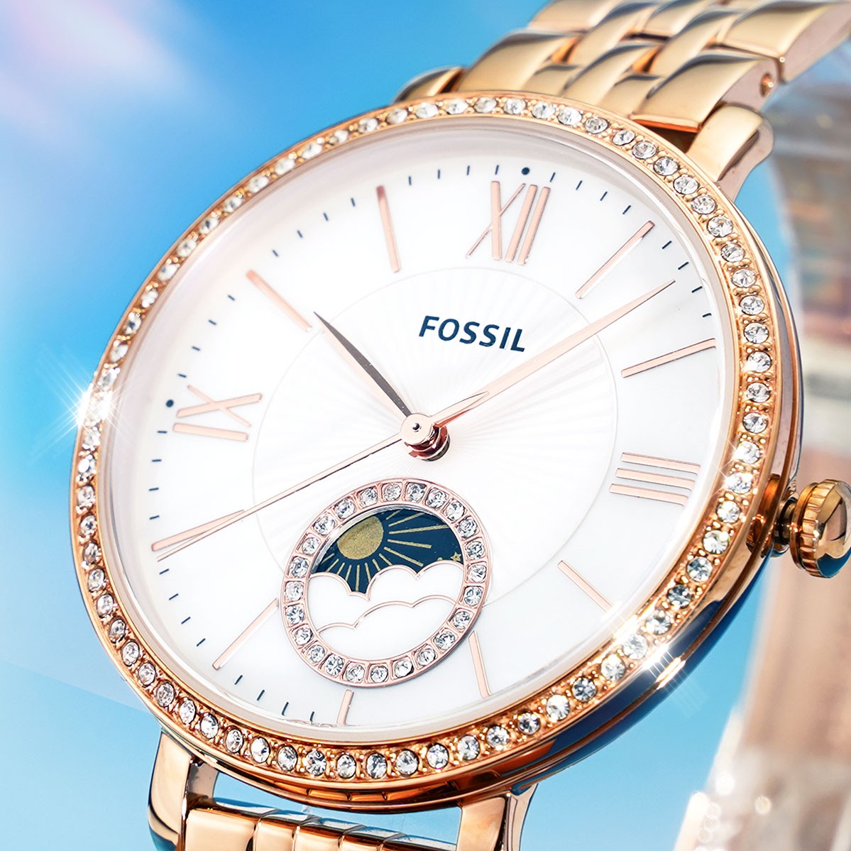  Shop Authentic Fossil Jacqueline Analog Moonphase Mother of Pearl White Dial Rose Gold Steel Strap Watch for Women - ES5165 - Luxxuri