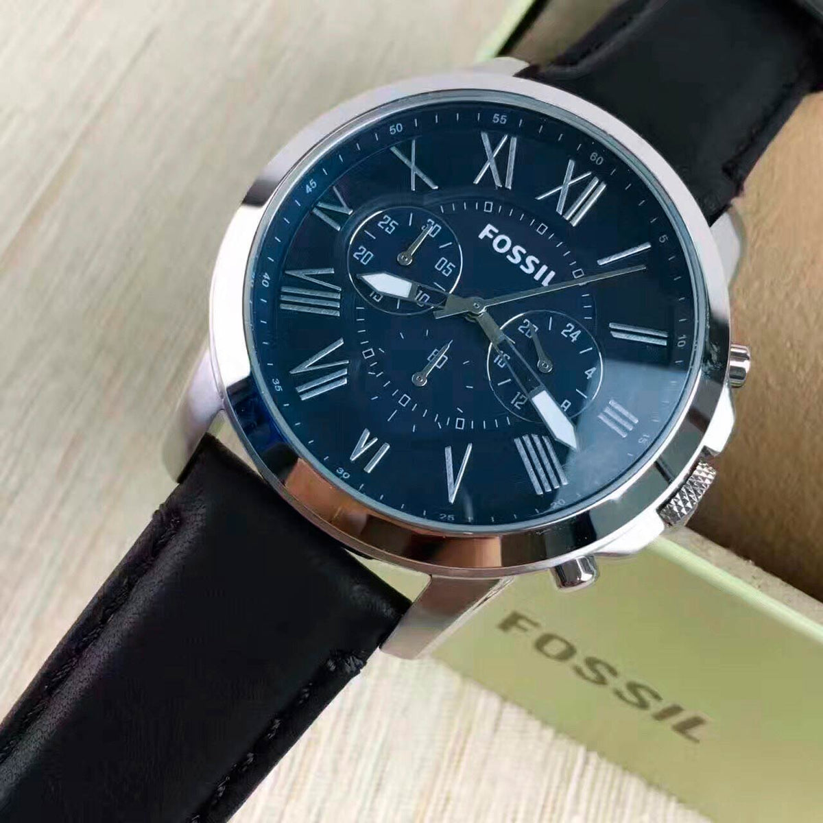  Shop Authentic Fossil Grant Chronograph Blue Dial Black Leather Strap Watch for Men - FS4990 - Luxxuri