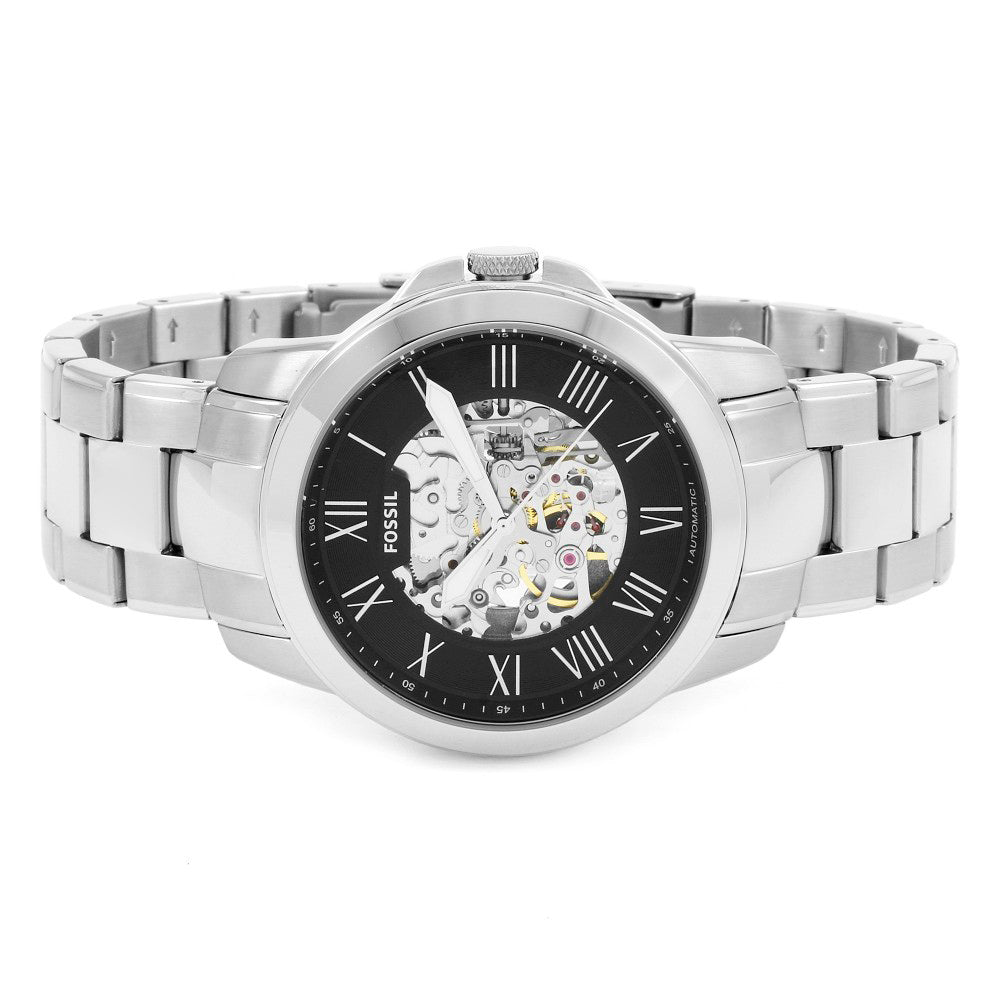  Shop Authentic Fossil Grant Automatic Skeleton Black Dial Silver Steel Strap Watch for Men - ME3103 - Luxxuri