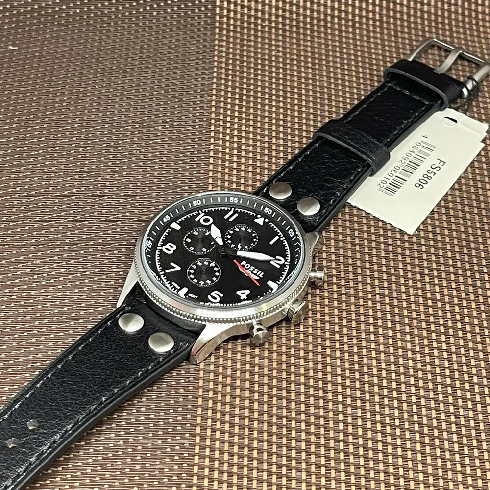  Shop Authentic Fossil Retro Pilot Chronograph Black Dial Black Leather Strap Watch for Men - FS5806 - Luxxuri
