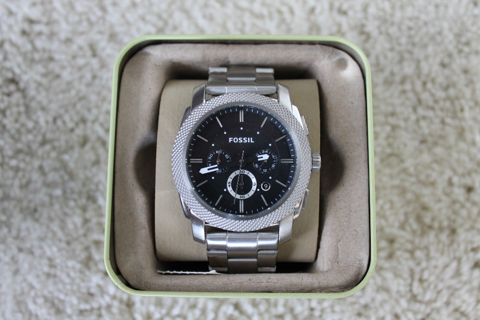  Shop Authentic Fossil Machine Chronograph Black Dial Silver Steel Strap Watch for Men - FS4776 - Luxxuri