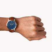  Shop Authentic Fossil Minimalist Blue Dial Brown Leather Strap Watch for Men - FS5304 - Luxxuri