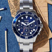  Shop Authentic Fossil FB-03 Chronograph Blue Dial Silver Steel Strap Watch for Men - FS5724 - Luxxuri