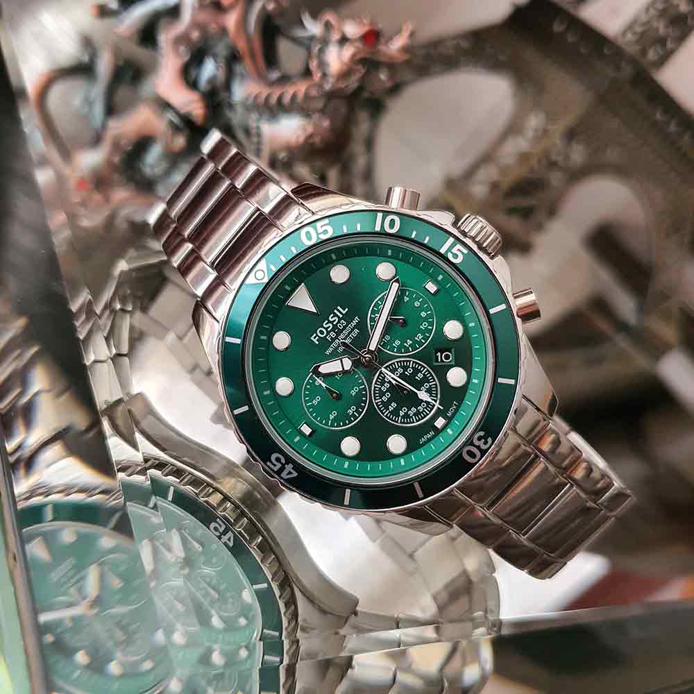  Shop Authentic Fossil FB-03 Chronograph Green Dial Silver Steel Strap Watch for Men - FS5726 - Luxxuri