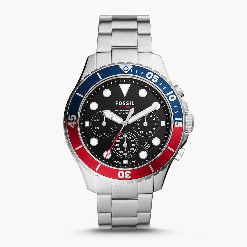  Shop Authentic Fossil FB-03 Chronograph Black Dial Silver Steel Strap Watch for Men - FS5767 - Luxxuri