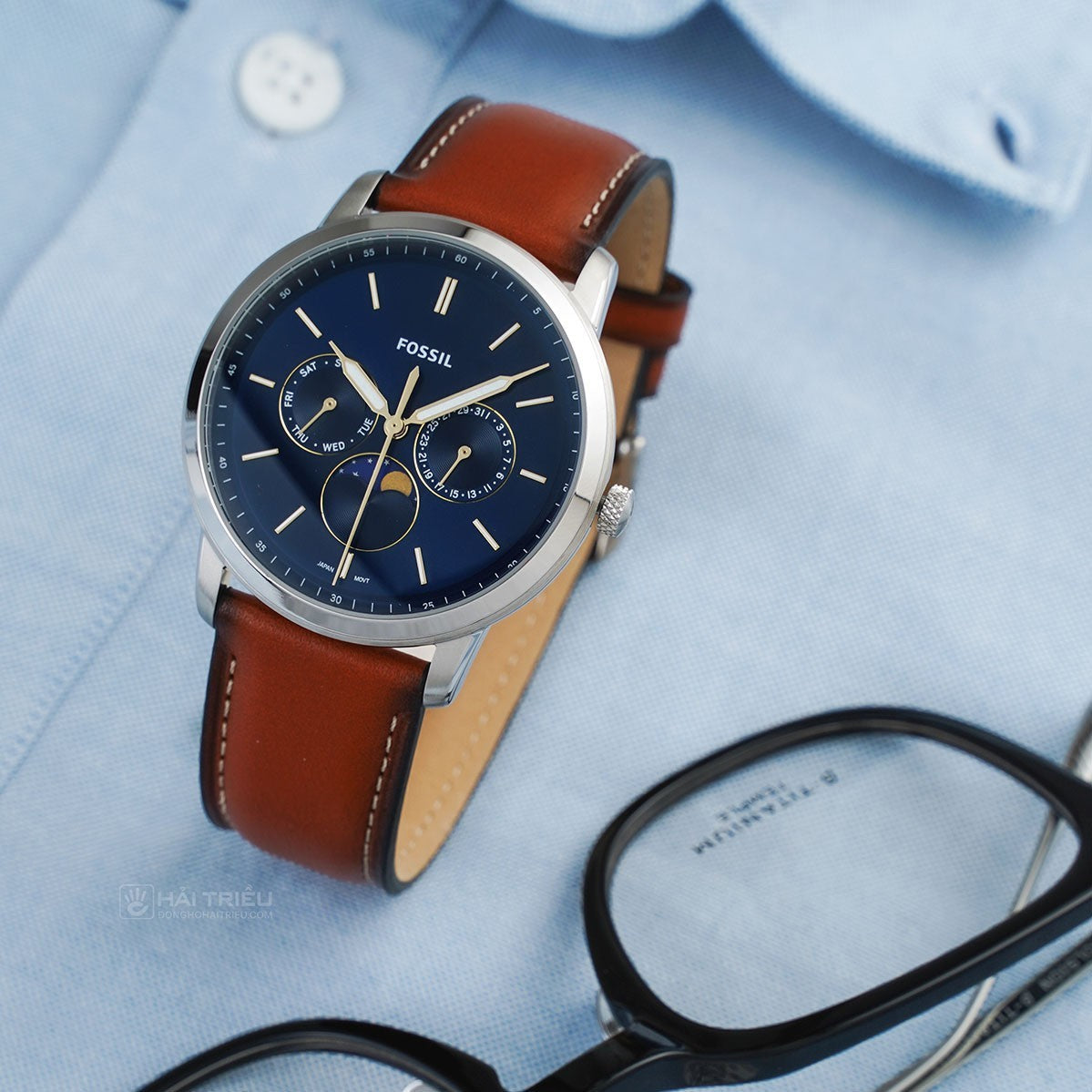  Shop Authentic Fossil Neutra Minimalist Moonphase Blue Dial Brown Leather Strap Watch for Men - FS5903 - Luxxuri