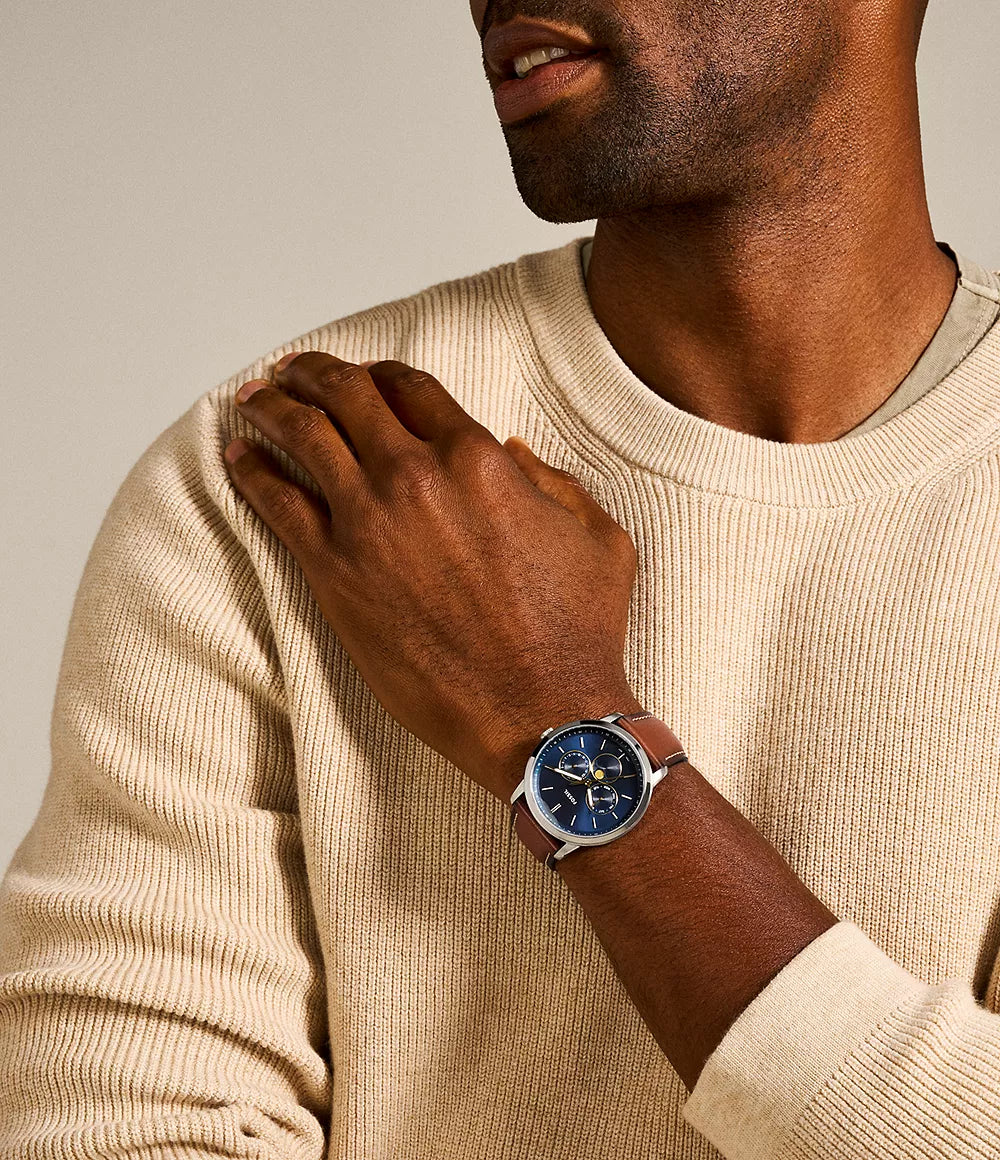  Shop Authentic Fossil Neutra Minimalist Moonphase Blue Dial Brown Leather Strap Watch for Men - FS5903 - Luxxuri