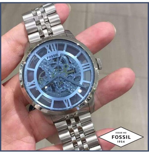  Shop Authentic Fossil Townsman Automatic Skeleton Blue Dial Silver Steel Strap Watch for Men - ME3073 - Luxxuri