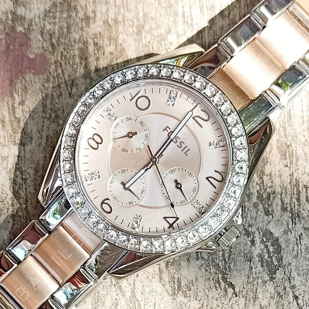  Shop Authentic Fossil Riley Multifunction Rose Gold Dial Two Tone Steel Strap Watch for Women - ES4145 - Luxxuri