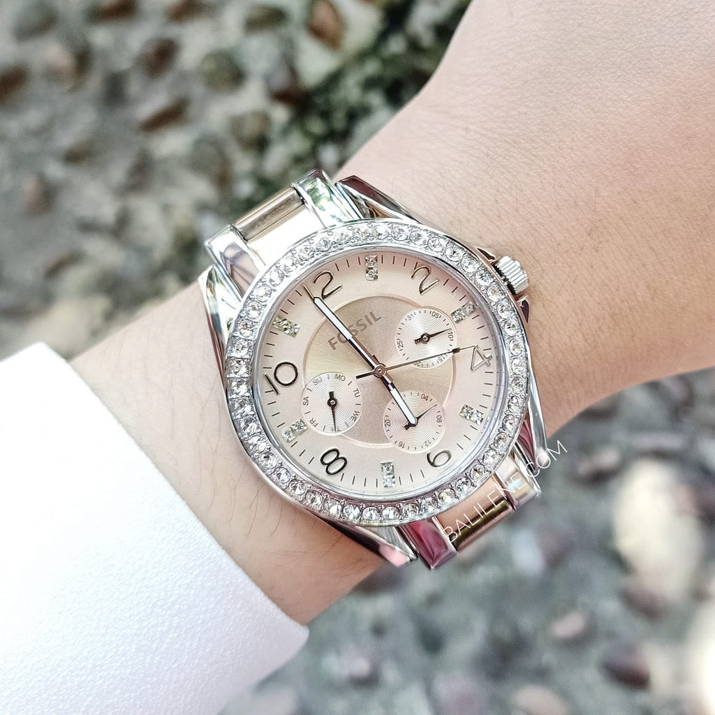  Shop Authentic Fossil Riley Multifunction Rose Gold Dial Two Tone Steel Strap Watch for Women - ES4145 - Luxxuri