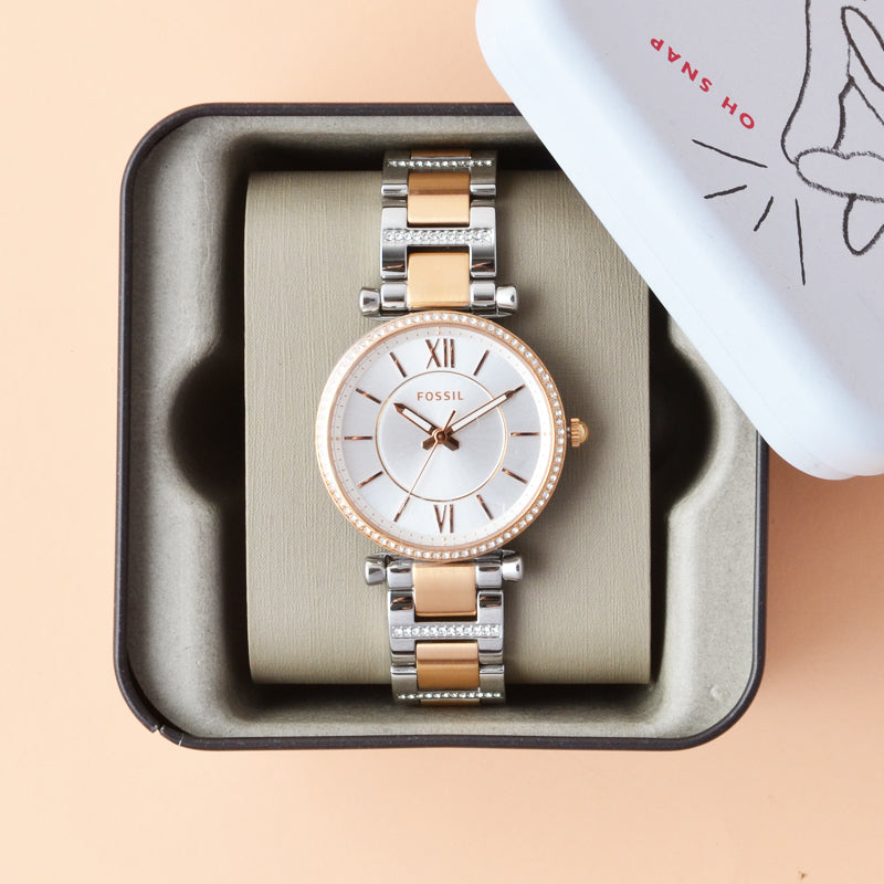  Shop Authentic Fossil Carlie Silver Dial Two Tone Steel Strap Watch for Women - ES4342 - Luxxuri