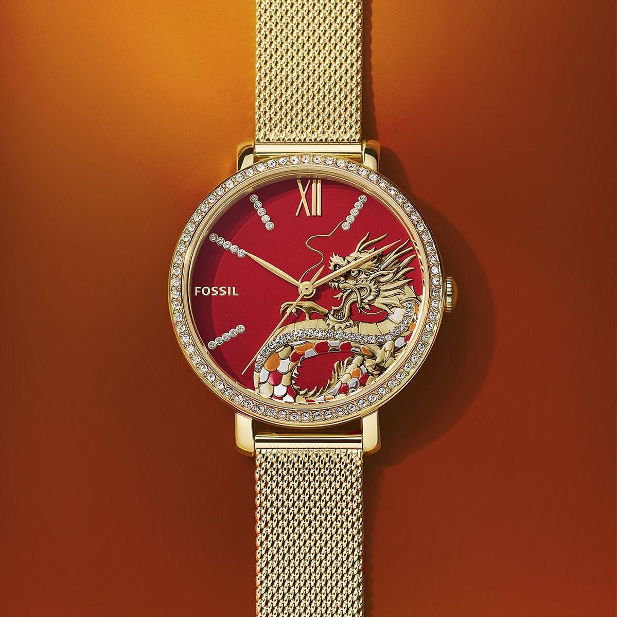  Shop Authentic Fossil Jacqueline Dragonsteel Limited Edition Red Dial Gold Mesh Strap Watch for Women - ES5316 - Luxxuri