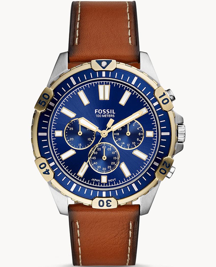  Shop Authentic Fossil Garrett Chronograph Blue Dial Brown Leather Strap Watch for Men - FS5625 - Luxxuri