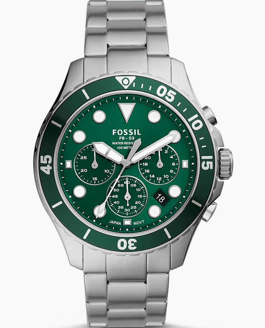  Shop Authentic Fossil FB-03 Chronograph Green Dial Silver Steel Strap Watch for Men - FS5726 - Luxxuri