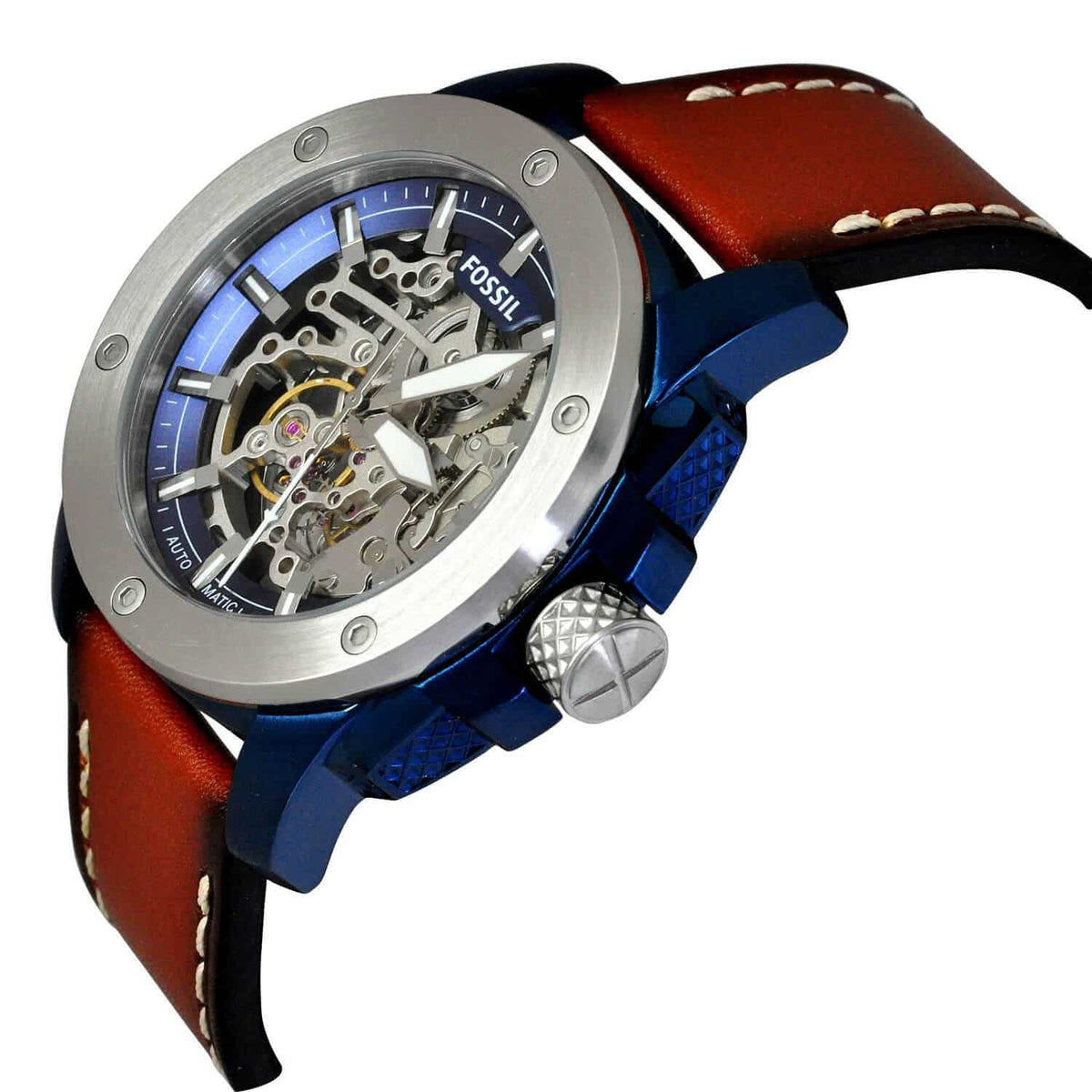  Shop Authentic Fossil Modern Machine Automatic Skeleton Silver Dial Brown Leather Strap Watch for Men - ME3135 - Luxxuri