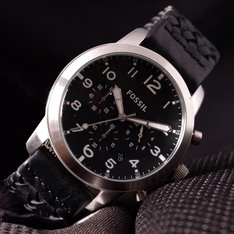  Shop Authentic Fossil Pilot 54 Chronograph Black Dial Black Leather Strap Watch for Men - FS5181 - Luxxuri