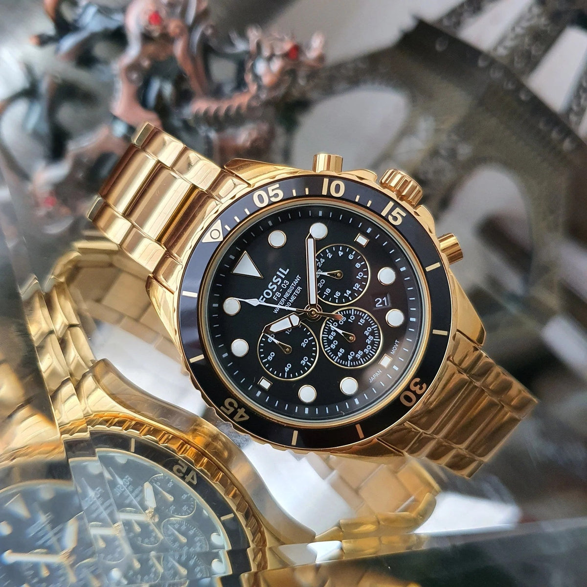  Shop Authentic Fossil FB-03 Chronograph Black Dial Gold Steel Strap Watch for Men - FS5727 - Luxxuri