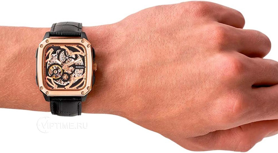  Shop Authentic Fossil Inscription Automatic Skeleton Rose Gold Dial Black Leather Strap Watch for Men - BQ2572 - Luxxuri