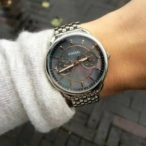  Shop Authentic Fossil Tailor Mother of Pearl Black Dial Silver Steel Strap Watch for Women - ES3911 - Luxxuri