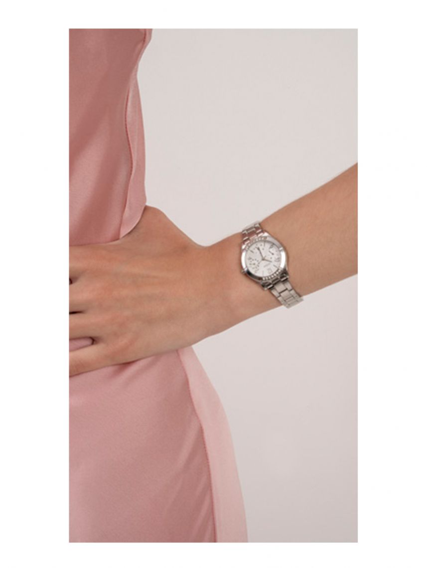  Shop Authentic Guess Mini Sunrise Silver Dial Silver Steel Strap Watch For Women - W0448L1 - Luxxuri