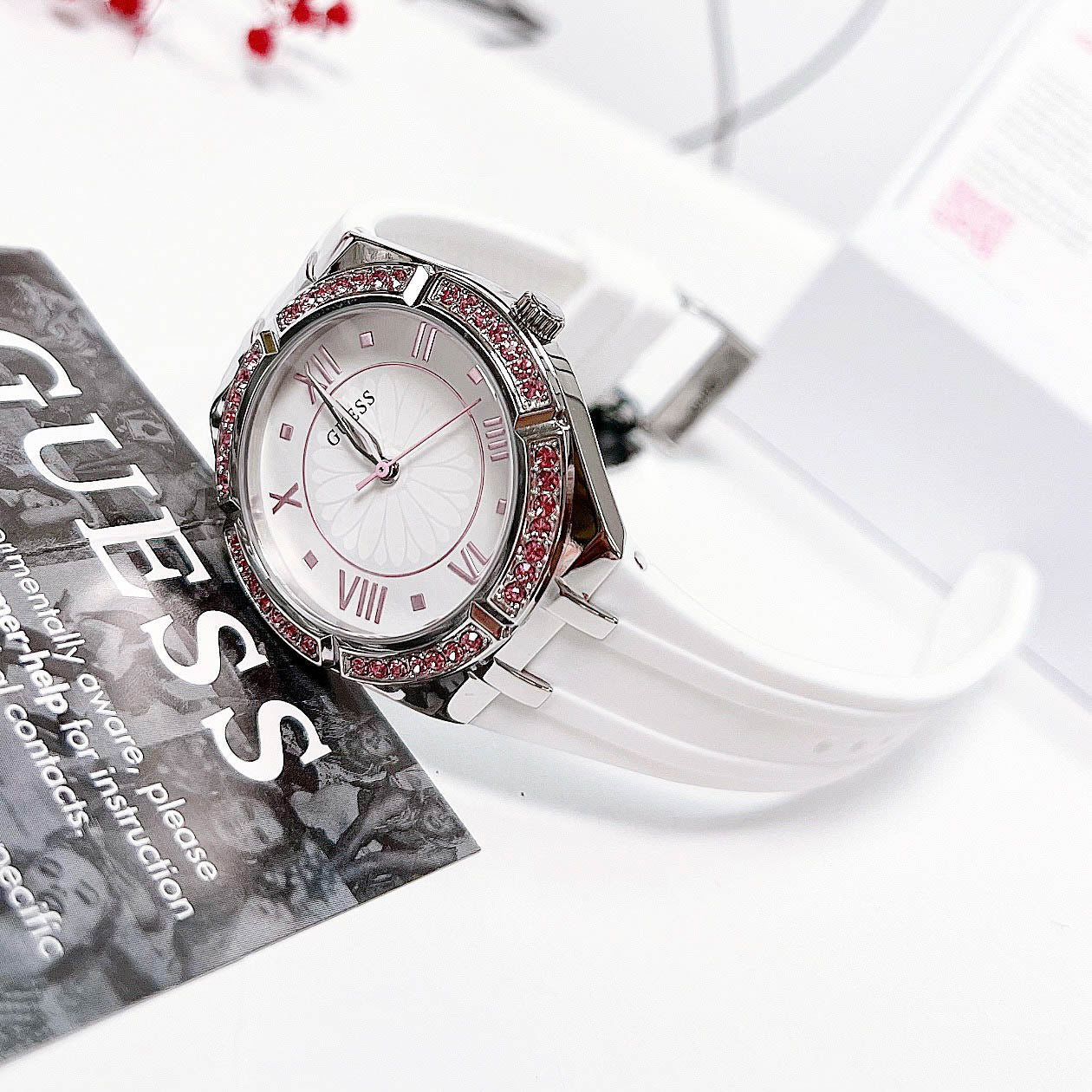  Shop Authentic Guess Sparkling Silver Dial White Rubber Strap Watch For Women - GW0032L1 - Luxxuri