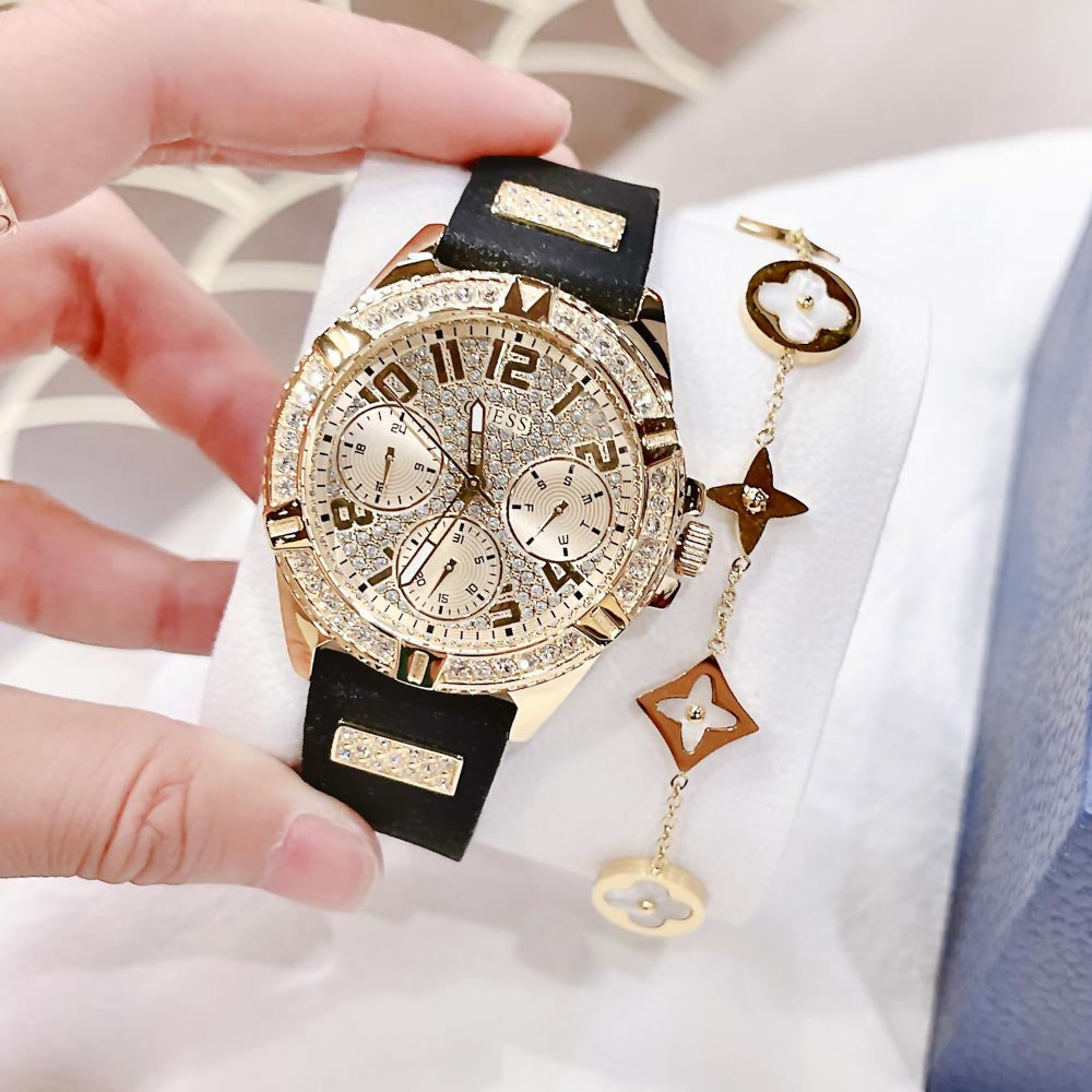  Shop Authentic Guess Frontier Diamonds Gold Dial Black Rubber Strap Watch For Women - W1160L1 - Luxxuri
