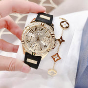  Shop Authentic Guess Frontier Diamonds Gold Dial Black Rubber Strap Watch For Women - W1160L1 - Luxxuri